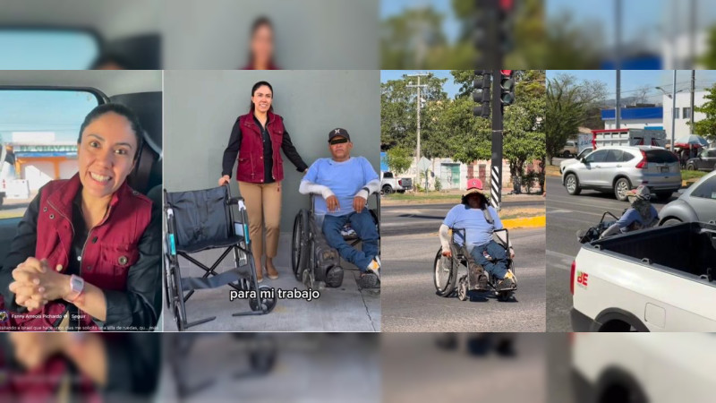 Nueva silla, mismo semáforo: Fanny Arreola presume apoyo a un hombre con discapacidad… para que siga pidiendo limosna entre autos y pobreza en Apatzingán, Michoacán 