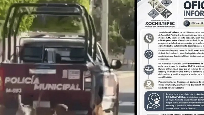 Polémica en Puebla: patrulla es captada arrastrando a un perro; aseguran que ya estaba sin vida