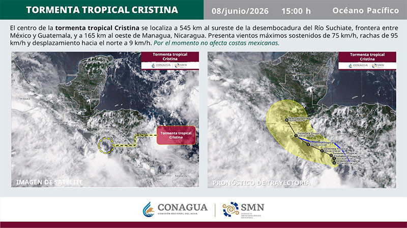 Depresión tropical Tres-E se convierte en tormenta tropical Cristina; mantienen vigilancia en la región del Pacífico